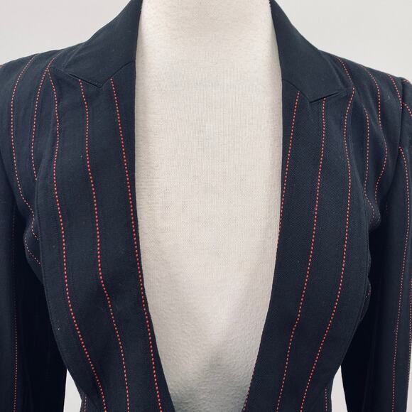 State of Claude Montana Blazer Wool Pinstripe Open Front Black Red Womens 8 42 - Picture 3 of 13